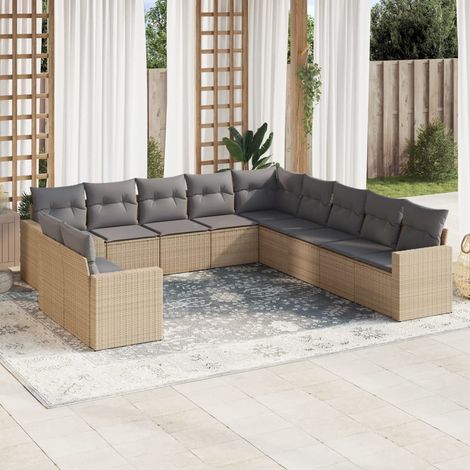 11-tlg. Garten-Sofagarnitur mit Kissen Beige Poly Rattan (1/3)