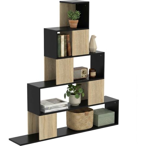 Étagère de rangement. bibliothèque géométrique à 5 niveaux. pour bureau. salon. chambre. noir et bois naturel (1/4)
