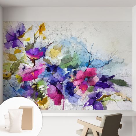 Papier peint intissé pour salon chambre à coucher peint imprimé pour mur - Colle incluse gratuite Fleurs abstraites 152x104 cm (1/5)