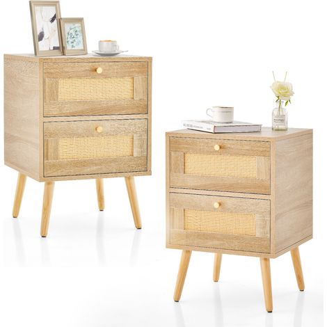 Set di 2 comodini in rattan con 2 cassetti gambe in legno massello, 2 Tavolini comodini Boho Naturale