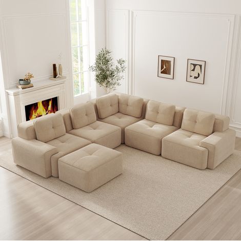 Divano modulare ad angolo 295x295x69 cm, comfort morbido, seduta profonda, tessuto in corduroy, beige (1/5)