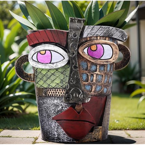 Pots de fleurs uniques à grand visage de 18,5 cm de haut, pots de fleurs colorés avec drainage, graffiti amusant pour plantes d'extérieur et d'intérieur (rétro) (1/5)