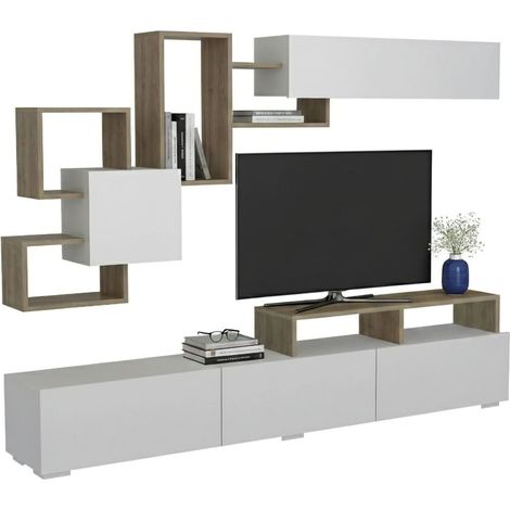 Dmora - Parete attrezzata Thalassa, Composizione soggiorno, Mobile salotto multiuso, Armadio porta TV, 210x37h47 cm, Bianco e Noce, con imballo rinforzato, con imballo rinforzato