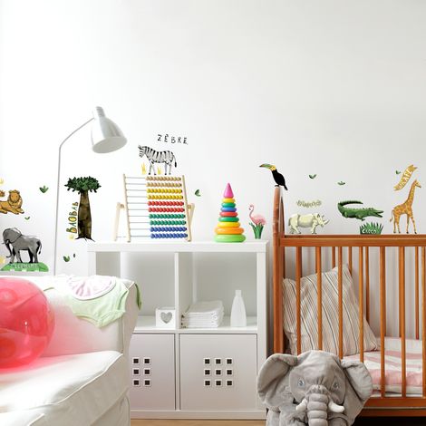 Sticker Autocollant Déco Chambre Enfant Animaux Jungle Roi Savane, 68x24cm, Décoration Murale, Animaux de la Jungle & Roi de la Savane (1/2)