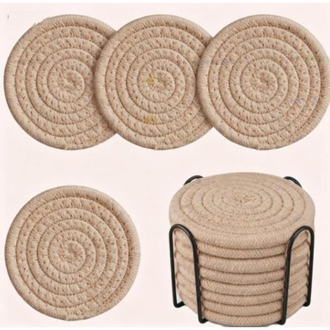 Juego de 8 posavasos absorbentes con base, de algodón, que miden 11 x 11 x 7,3 cm, en color beige. (1/5)