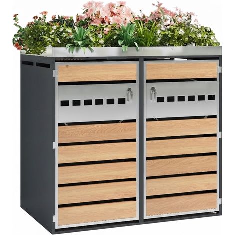 ELVMI Armario para Cubos de Basura con Jardinera, 2 compartimentos, puertas con cerradura, acero galvanizado gris y madera, 132 × 80 × 124.5 cm (1/5)