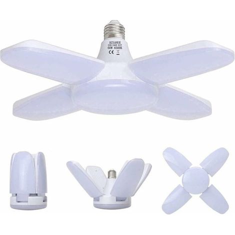 Lampe Garage E27 60W,Lampe Atelier Blanc Froid 6500K 6800Lm,Déformable avec 4 Panneaux Ajustables, Éclairage Plafond LED, pour Garages (1/4)