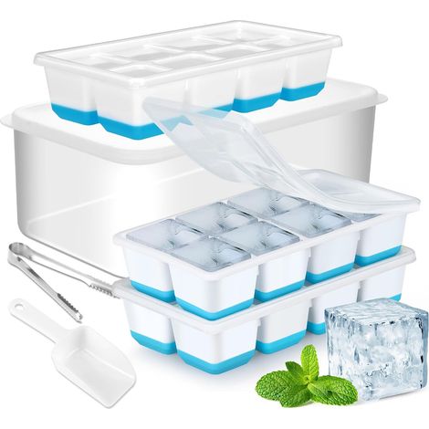 Grand bac à glaçons en silicone avec boîte, bac à glaçons de 4,5 cm avec couvercle, adapté au whisky et aux cocktails (bleu), lot de 3