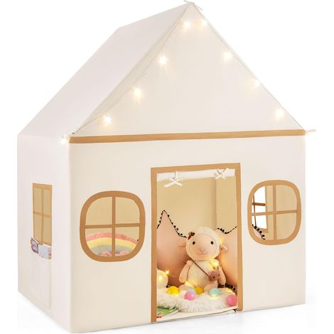 COSTWAY Tenda da Gioco per Bambini, con Tenda Porta e Finestre, Luci a Stella, Tappetino Antiscivolo, Casetta per Bambini e Bambine 3-10 Anni, 120 x 101 x 143 cm (Marrone) (1/5)