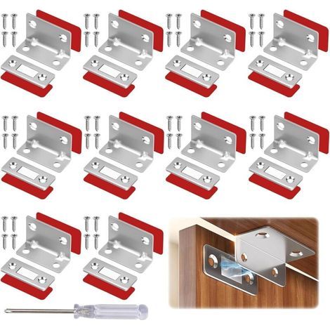 10 magneti per porte in acciaio inox (41 x 16 x 25 mm), chiusura magnetica con 40 viti e 20 strisce adesive biadesive per ante di armadi e credenze. (1/4)