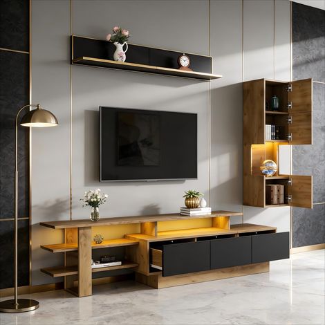 Ensemble de meubles TV muraux 3 pièces avec éclairage LED, mobilier de salon, façade : 1 meuble TV, 1 vitrine, 1 étagère murale, compatible avec les téléviseurs jusqu’à 80 pouces, finition noir et boi