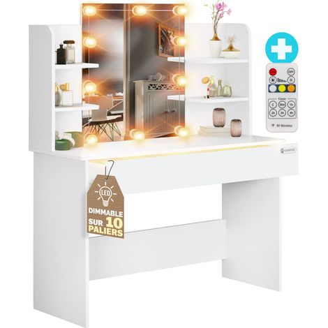 Casaria – Coiffeuse enfant blanche avec éclairage LED – Miroir 64,5x57cm – Tiroir 50L avec 3 compartiments – Dimensions 110x40x140cm