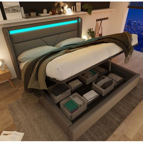 lit adulte double coffre LED rangement 160x200 gris OKMYHOME (1/5)