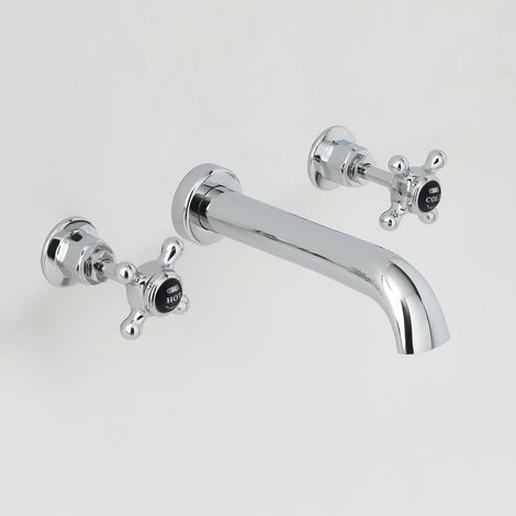 Milano Elizabeth Wall Mounted 3 Tap Hole Basin Mixer Tap - Chrome & Black (Crosshead Handles)