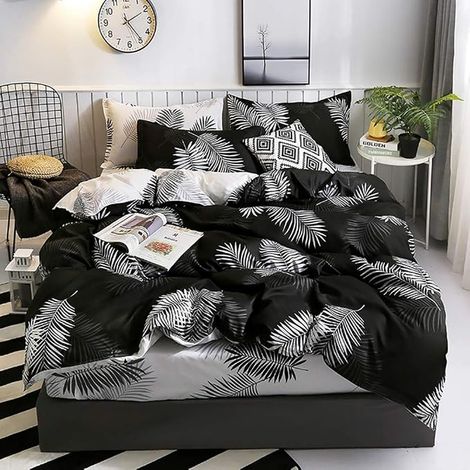 Housse de Couette 200x200 Taies d'oreiller 65x65 cm Motif Feuilles Noir (1/3)