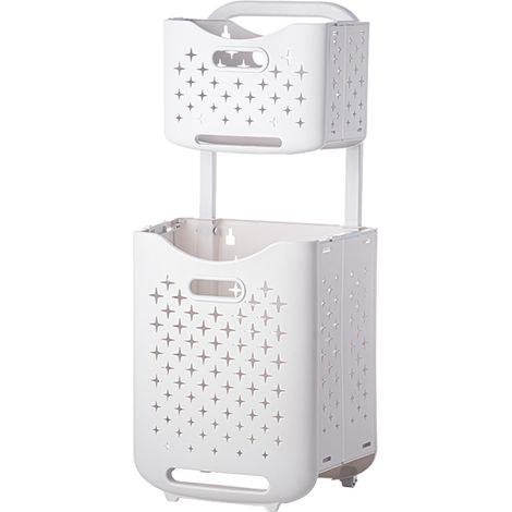 Panier à linge pliable à double compartiment pour le tri des vêtements, panier de rangement pour vêtements, seau à linge sale à roulettes, coloris blanc ivoire. (1/5)