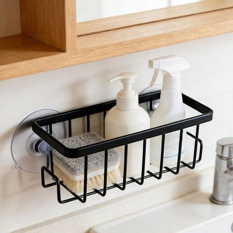 Porte-éponge d'évier avec Ventouse puissante, Panier d'évier en Aluminium Inoxydable pour éponges, Porte-éponge Amovible, Rangement Organiseur (Noir) (1/5)