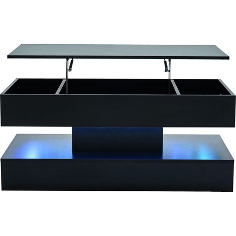 Mesa de centro elevable negra con LED, almacenaje oculto y enchufes, 100 x 50 x 42 cm (1/5)