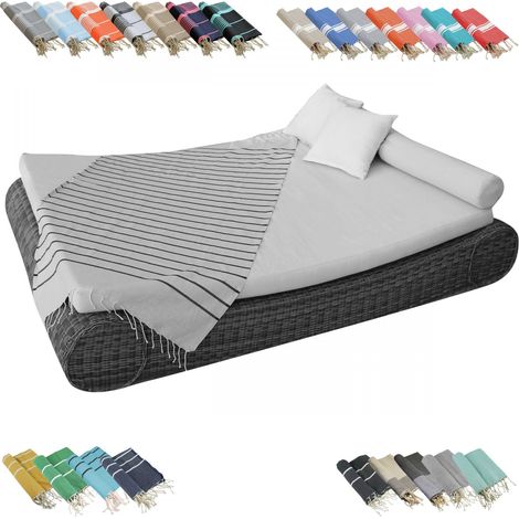 Véritable fouta Tunisienne 1m x 2m tissage à plat 100% coton 380g - Horizon - Lin et Noir - Vivezen (1/5)