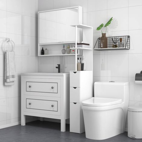 Badezimmerschrank mit Schubladen und offenen Regalen, 15 x 33 x 136,5 cm, weiß