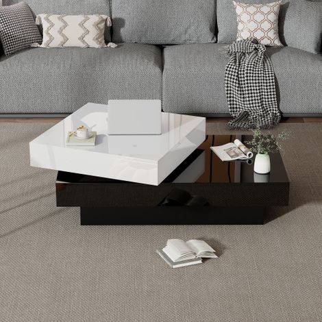 Table basse pivotante aux accents noirs et blancs — Table basse moderne et minimaliste à la finition ultra-brillante — Table de salon à double niveau en panneaux de particules — Idéale pour un salon d