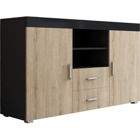 Muebles Bonitos – Buffet bas 2 portes 2 tiroirs 140x82x40cm – Finition mélamine brillante et mate – Poignées en aluminium – Meuble de rangement moderne