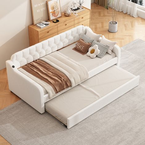 Letti estraibile 90x200 cm (90x190 cm), divano letti per adulti/bambini, con USB, biancheria, senza materasso, beige