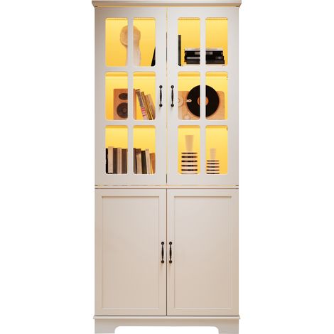 CAIziArmoire haute blanche avec 2 portes à grille vitrée et 2 portes pleines, 80 x 38 x 180 cm, bibliothèque à 5 niveaux, panneau de particules, meuble vitrine style maison de campagne pour salon et c (1/5)