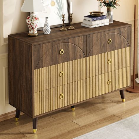 Buffet moderne 120x40x81 cm - 6 tiroirs - Pieds en bois massif - Finition bicolore veinée - MDF - Naturel (1/5)