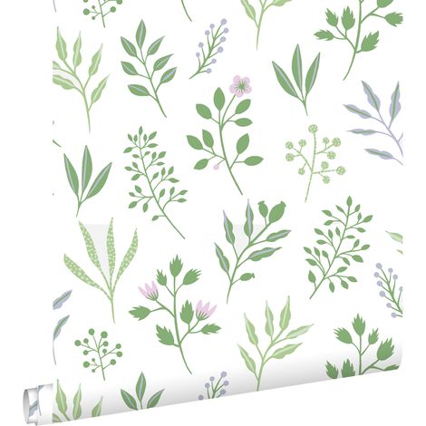 papier peint fleurs au style scandinave vert et lilas violet - ESTAhome (1/5)