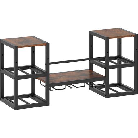 Étagère murale à vin en métal marron rustique avec 8 porte-bouteilles, 3 porte-verres et 3 étagères pour cuisine et bar (1/5)