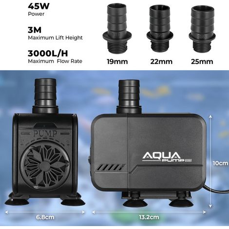 Pompe à Eau Submersible Réglable 3000L/H 45W Pompe Aquarium Silencieuse pour Fontaine Étang Hydroponie avec 3 Nozzles (1/5)