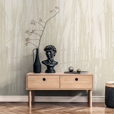 Fotomural Profhome 398781 papel pintado vinílico estampado en caliente tejido non tejido liso con ornamentos florales mate beige beige-arena blanco perla 1,59 m x 2,8 m