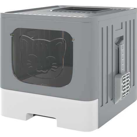 Lettiera per Gatti Chiusa 60L con Coperchio Vassoio Estraibile Paletta Antiperdita Facile da Pulire in PP Grigio (1/5)