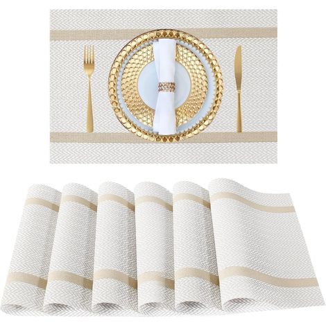 Lot de 4 sets de table blancs lavables, tissés fil doré, vinyle durable pour mariage, banquet, fête, restaurant (30x45 cm). (1/5)