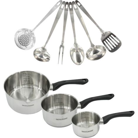 Set 3 casseroles 12 16 et 20 cm en inox et 6 ustensiles inox Fackelmann Geneva (1/5)