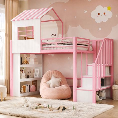 Letto rialzato per bambini 90x200 con scala contenitore reversibile, scaffale, rosa e bianco HAVRYA (1/5)
