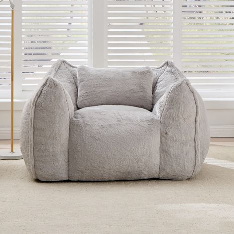 Pouf géant avec coussin, grand pouf confortable pour adultes et enfants, canapé de sol en fausse fourrure pour salon, chambre ou appartement, gris (1/4)