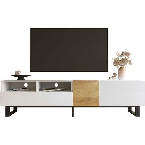 Meuble TV blanc et bois clair 180 x 50 x 38 cm avec 2 niches ouvertes, 2 tiroirs, 2 portes, pieds métal noir, design moderne et rangement pratique - CHICFURN (1/5)