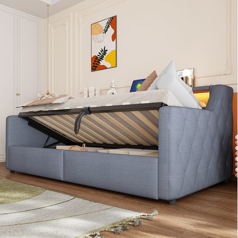 Letto a divano 90x200 cm in lino e MDF grigio con contenitore e LED FloraGrace (1/5)
