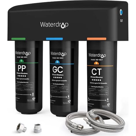 Waterdrop – Filtre à eau sous évier 3 étapes – Capacité de filtration 8L/min – Réduit PFAS, PFOA, chlore – Installation rapide sans perçage