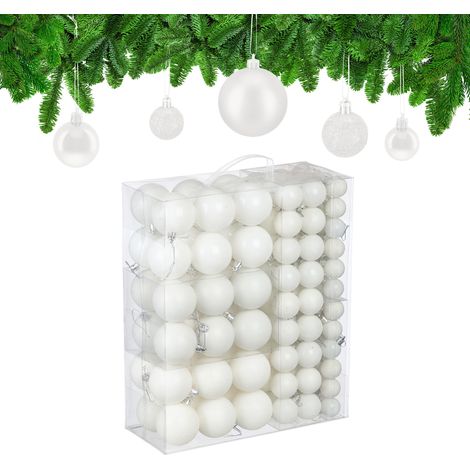 Relaxdays Palline di Natale, Set 138 Palle Albero, Addobbi Natalizi, Sfere in Plastica Opache, Lucide e Glitter, Bianco