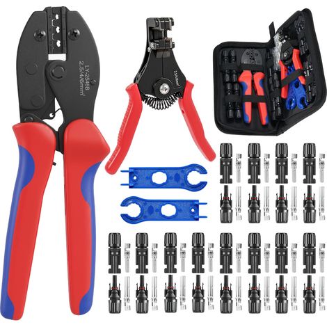 Kit de pinces à sertir solaire pour câble PV de 2,5 à 6 mm², avec pince à sertir et pince à dénuder, 12 paires de fiches solaires (mâle et femelle) et 2 clés de montage, kit d'outils pour câble (1/5)