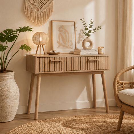 Console en Bois 100x81x29 cm avec 2 Tiroirs pour Entrée ou Salon,Design Élégant et Pratique,Table de canapé en Bois de Ferme avec Rangement pour salon, entrée,Couleur bois (1/5)
