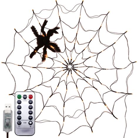 Guirlande lumineuse LED toile d'araignée pour Halloween avec télécommande et 8 modes d'éclairage, lampe d'ambiance en filet, décoration pour fêtes intérieures et extérieures