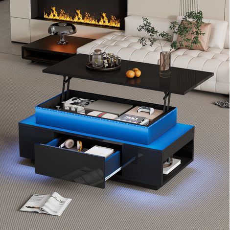 Tavolino elevabile 96x45x40 cm in pannelli di legno neri con vano contenitore FLORAGRACE (1/5)