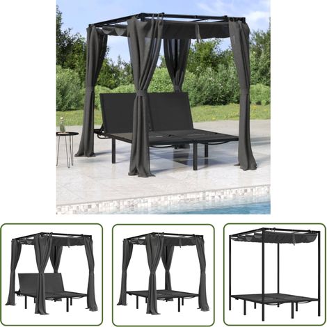 The Living Store Doppel-Sonnenliege mit Vorhängen und Baldachin Anthrazit - Doppel-Sonnenliege - Gartenliege - Balkonmöbel - Outdoor Möbel - Lounge Chair (1/5)