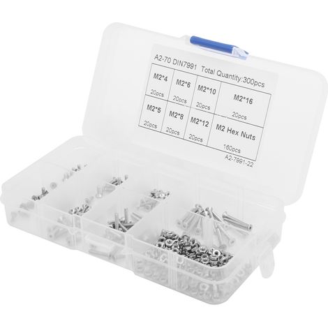 Lot de 300 vis et écrous M2 tête fraisée, six pans creux, inoxydable, kit de visserie assorti (1/5)