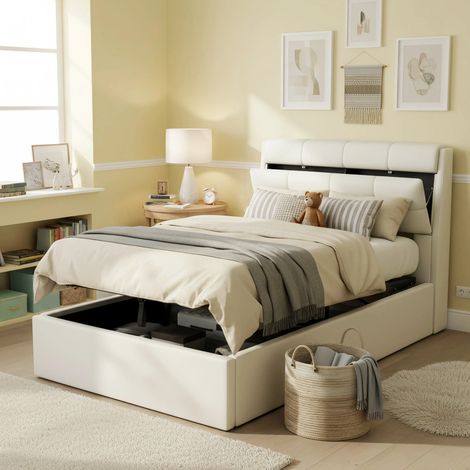 Lit Simple 90x200 avec Rangement - Tête de lit caché, coffre hydraulique, sommier inclus, simili cuir blanc (sans matelas) (1/5)