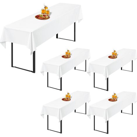 Lot de 5 housses de table de bière 250x100cm Blanc, Polyester, Lavable, Infroissable